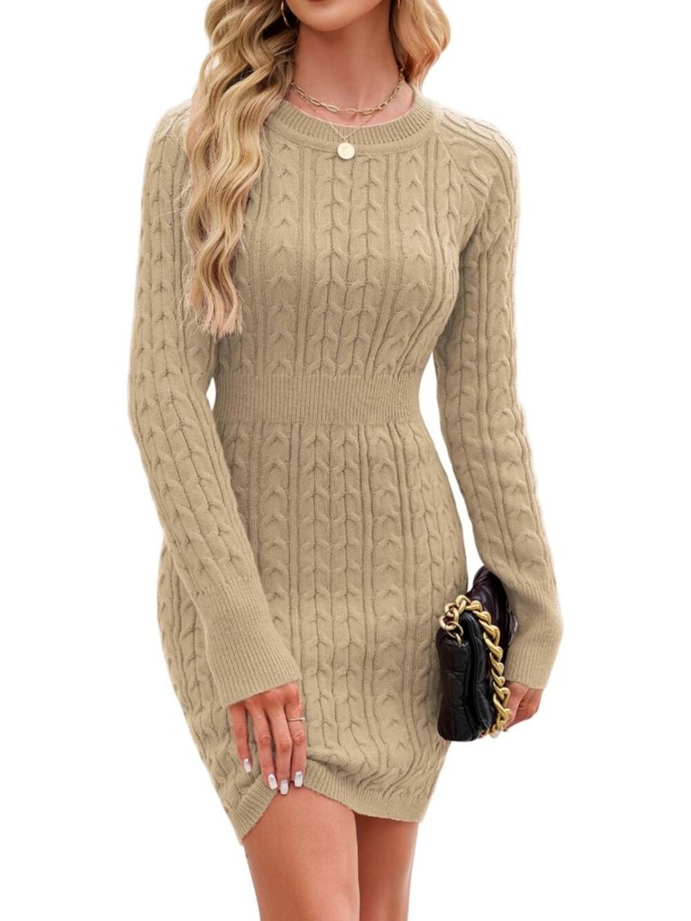 Cozy Cable Knit Sweater Dress | Crew Neck Bodycon for Fall & Winter Fashion